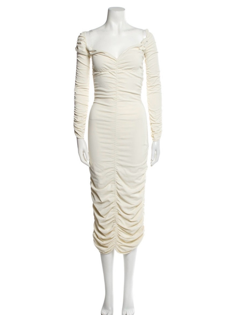 KHAITE Cream Ruched Off-Shoulder Long Sleeve Midi Dress
